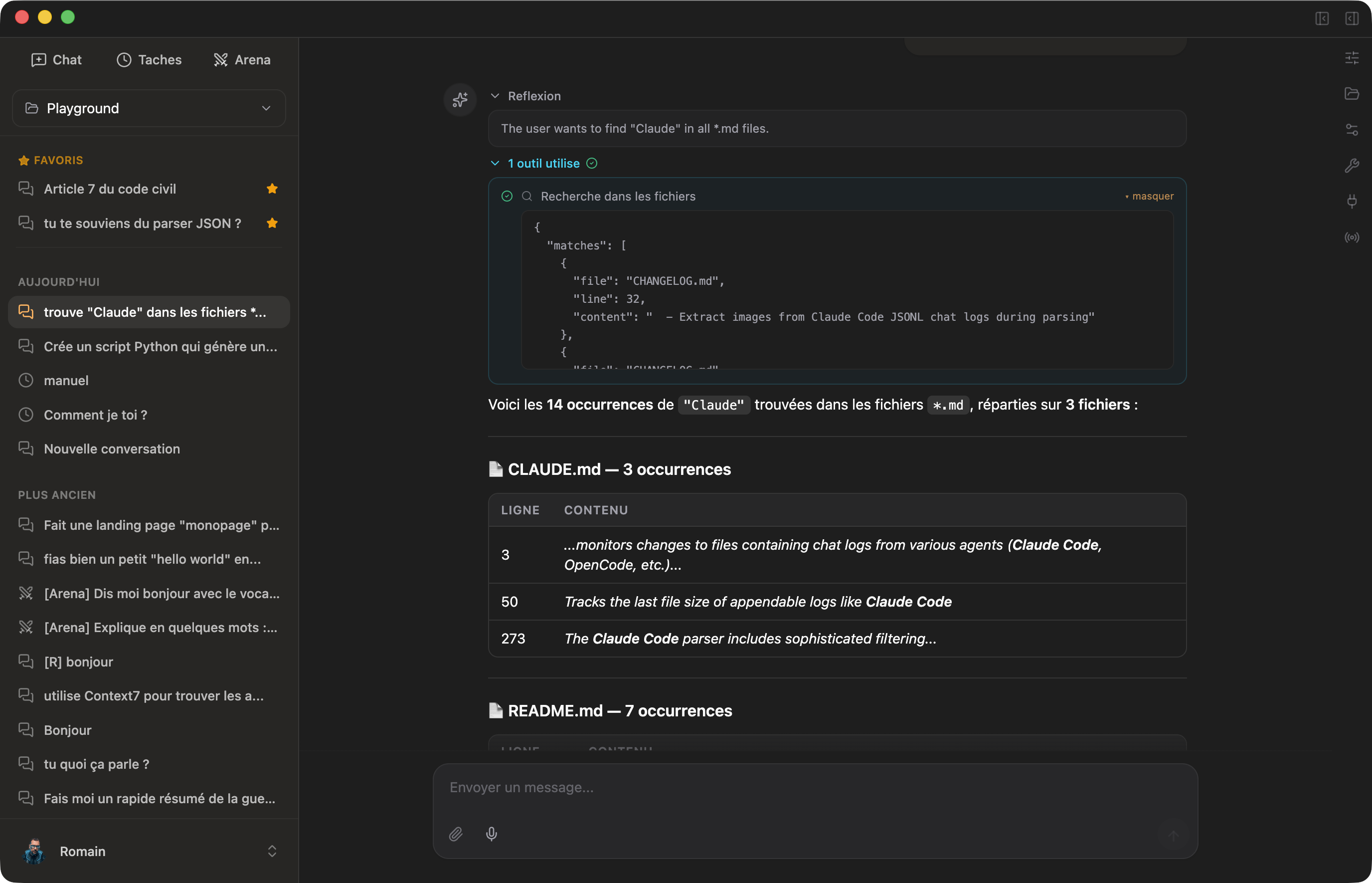 Outil de recherche Grep en action dans une conversation